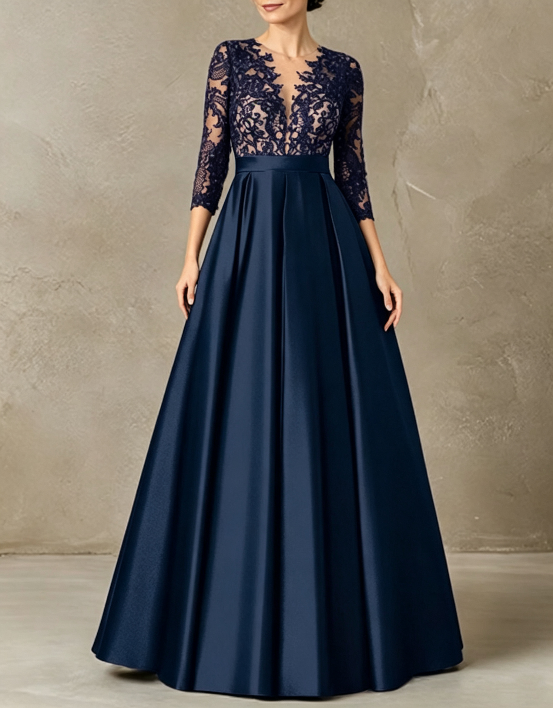 Deep V‑Neck Illusion Lace Embroidered Satin 3/4 Sleeve A‑Line Evening Maxi Dress