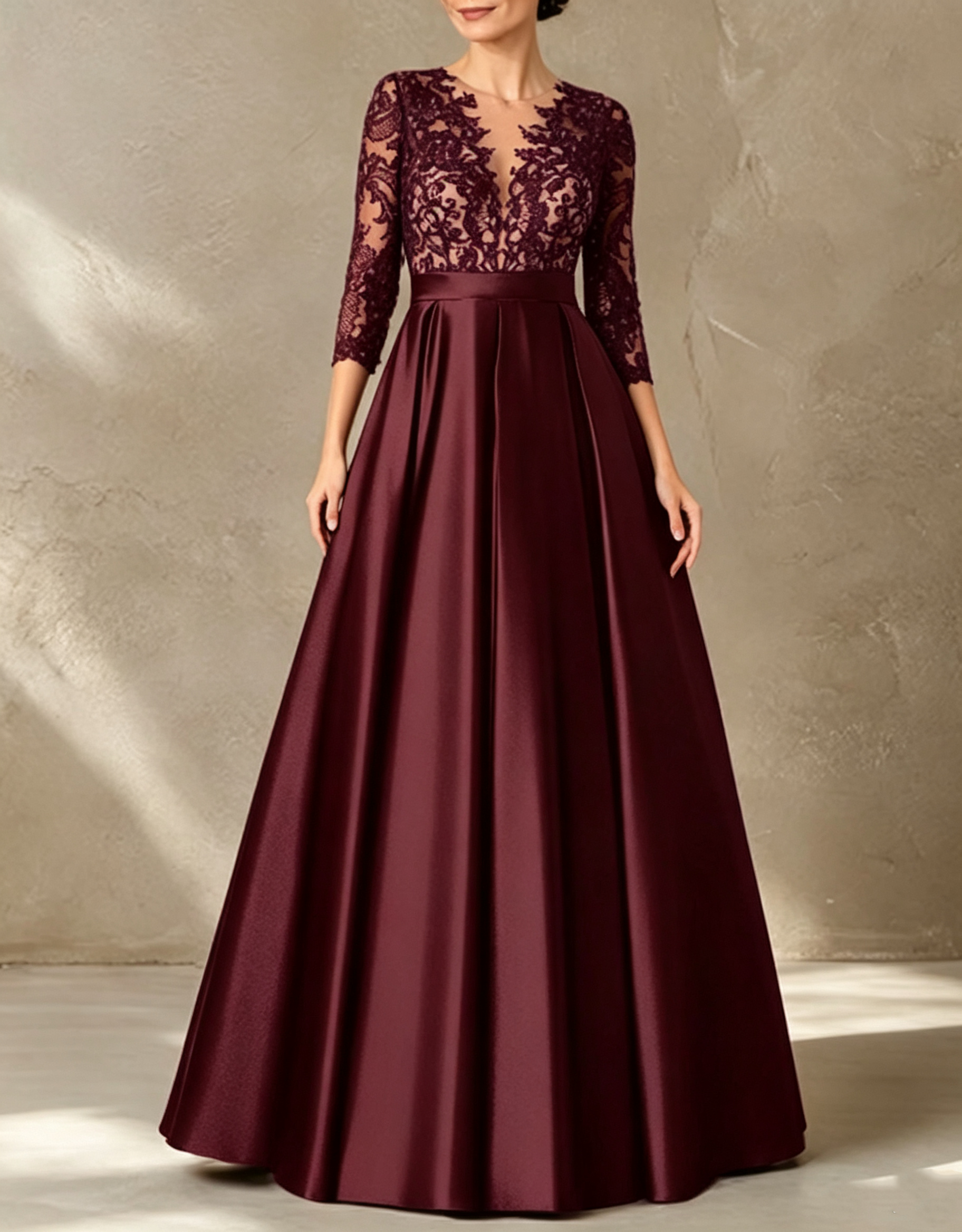 Deep V‑Neck Illusion Lace Embroidered Satin 3/4 Sleeve A‑Line Evening Maxi Dress