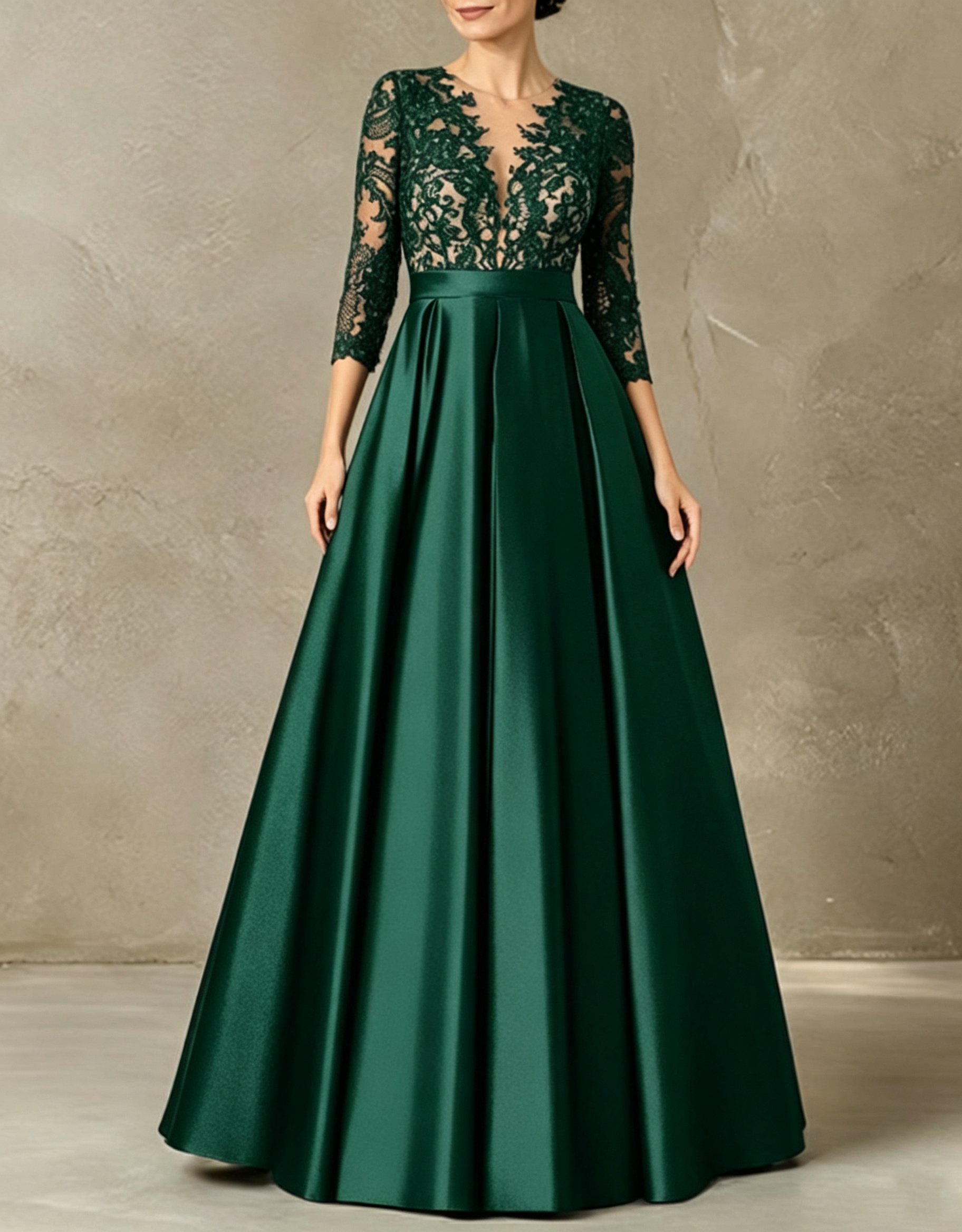 Deep V‑Neck Illusion Lace Embroidered Satin 3/4 Sleeve A‑Line Evening Maxi Dress