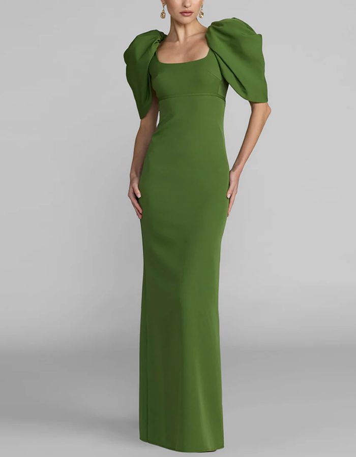 Solid-color Puff-sleeved High-waisted Maxi Dress