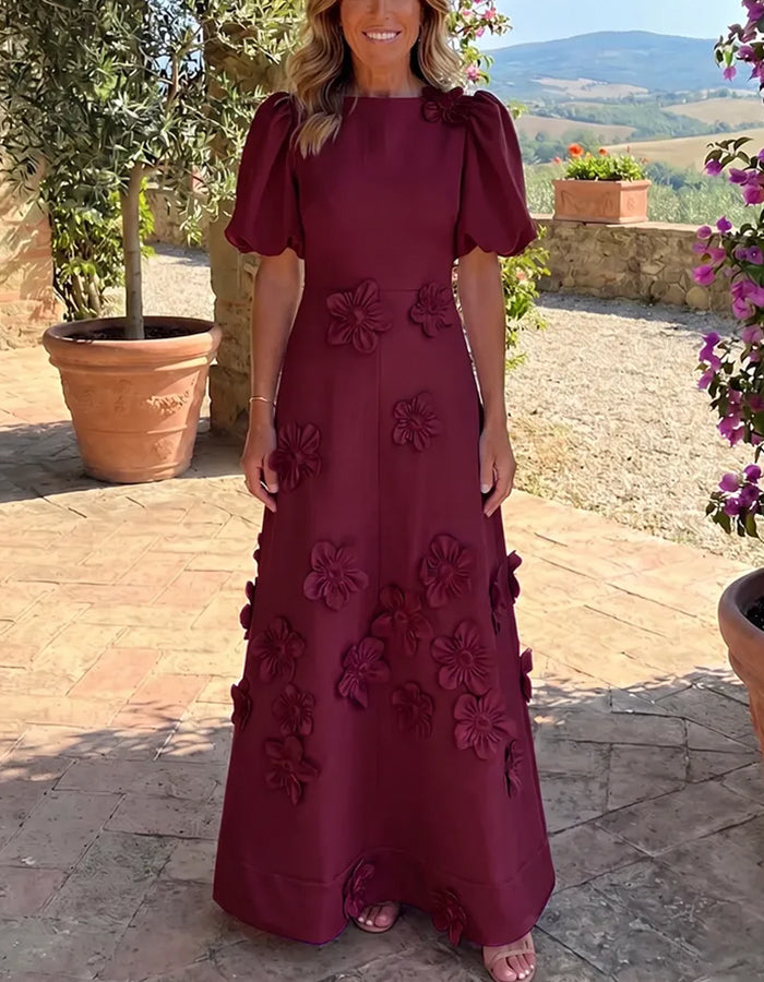 Boat Neck Puff Short Sleeve 3D Floral A‑Line Maxi Dress