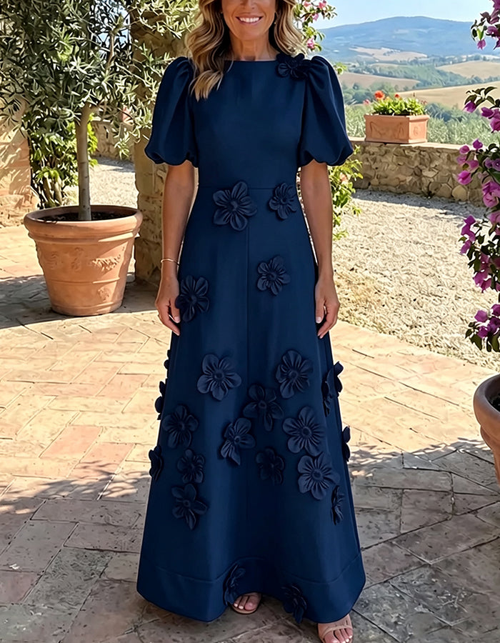Boat Neck Puff Short Sleeve 3D Floral A‑Line Maxi Dress