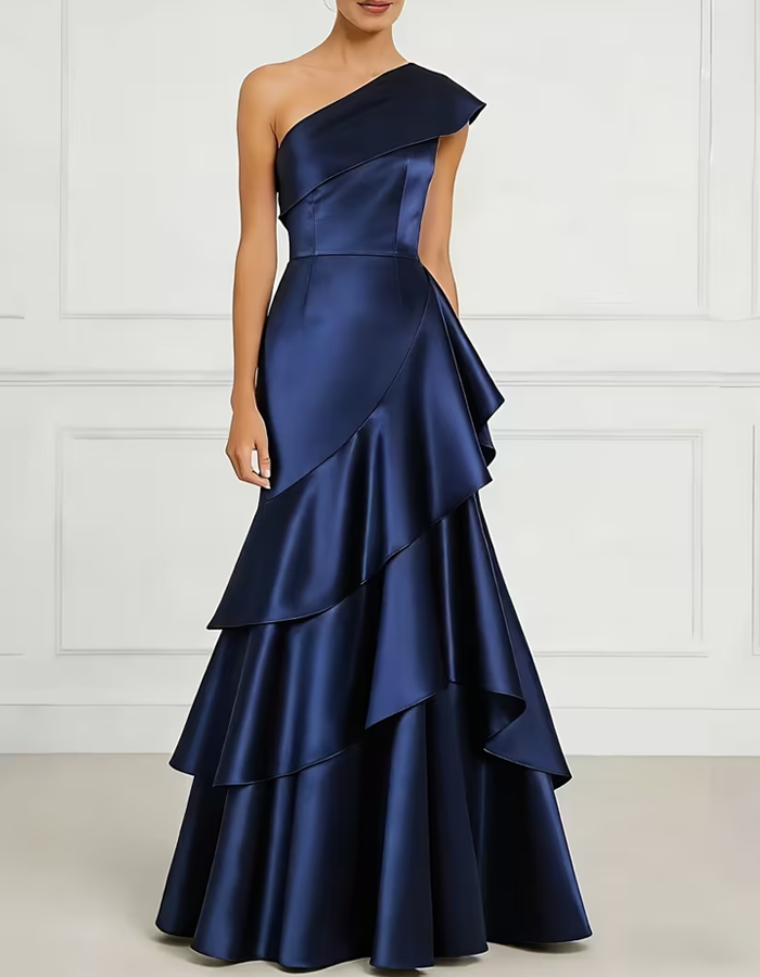 Solid-color One-shoulder Layered Satin Mermaid Maxi Dress