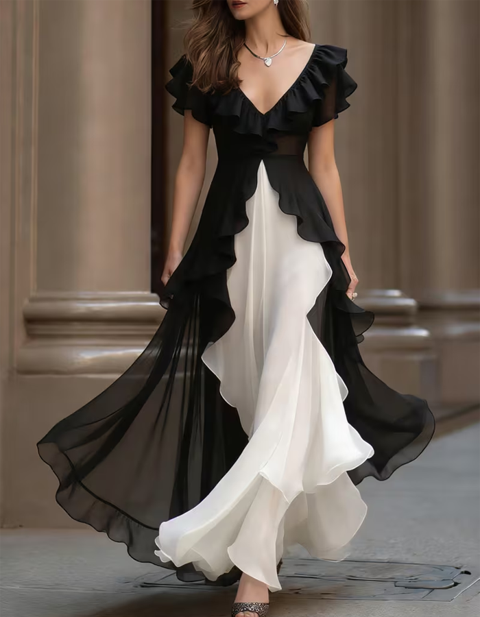 Color-blocked Ruffled Short-sleeved Chiffon Maxi Dress