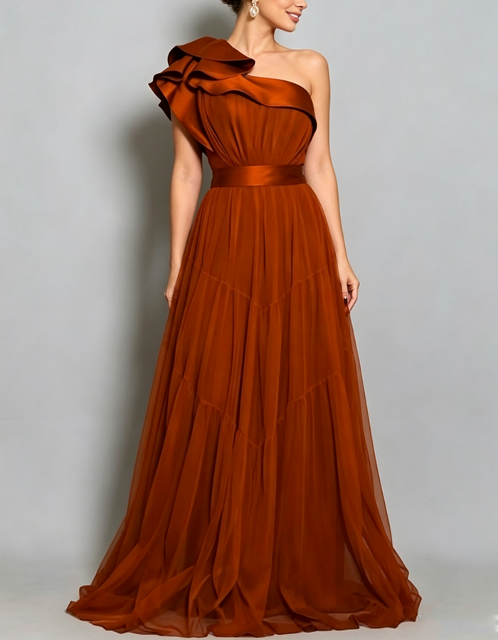 Solid-color One-shoulder Ruffled Chiffon Maxi Dress