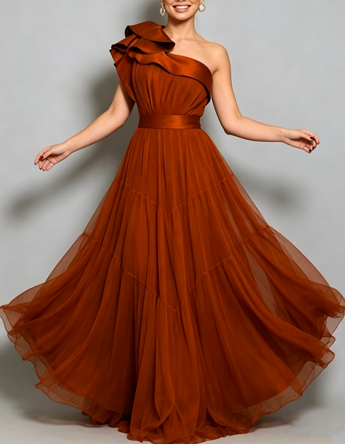 Solid-color One-shoulder Ruffled Chiffon Maxi Dress