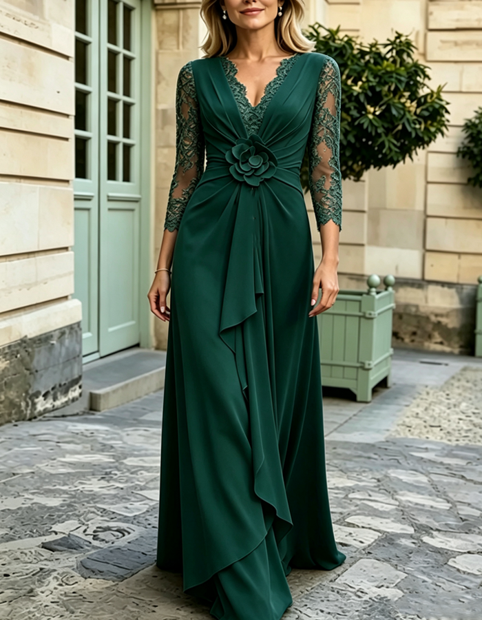 Solid-color Lace-trimmed Wrap-style V-neck Three-quarter Sleeve chiffon Maxi Dress