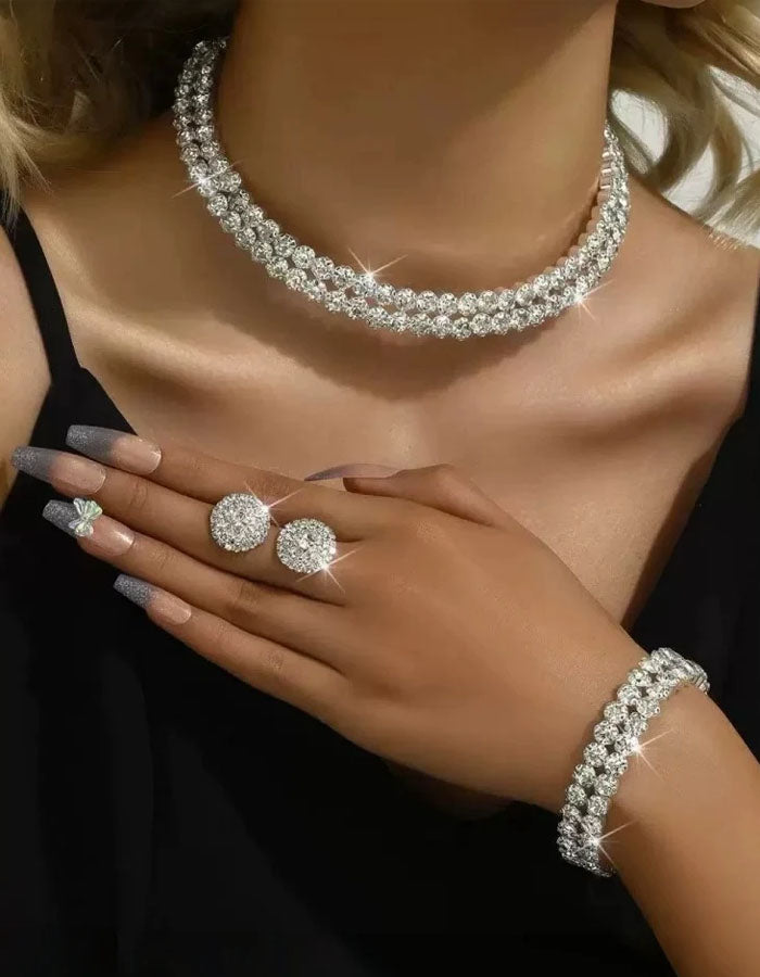 Double Layer Rhinestone Necklace Earrings And Bracelet 3-Piece Set