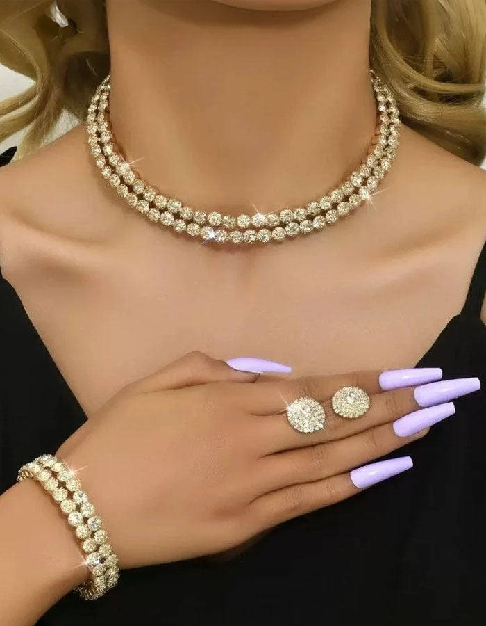 Double Layer Rhinestone Necklace Earrings And Bracelet 3-Piece Set