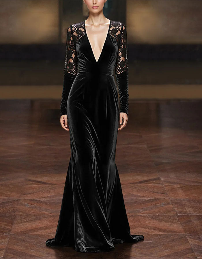 Solid Color Velvet Lace Patchwork Deep V Mermaid Maxi Dress