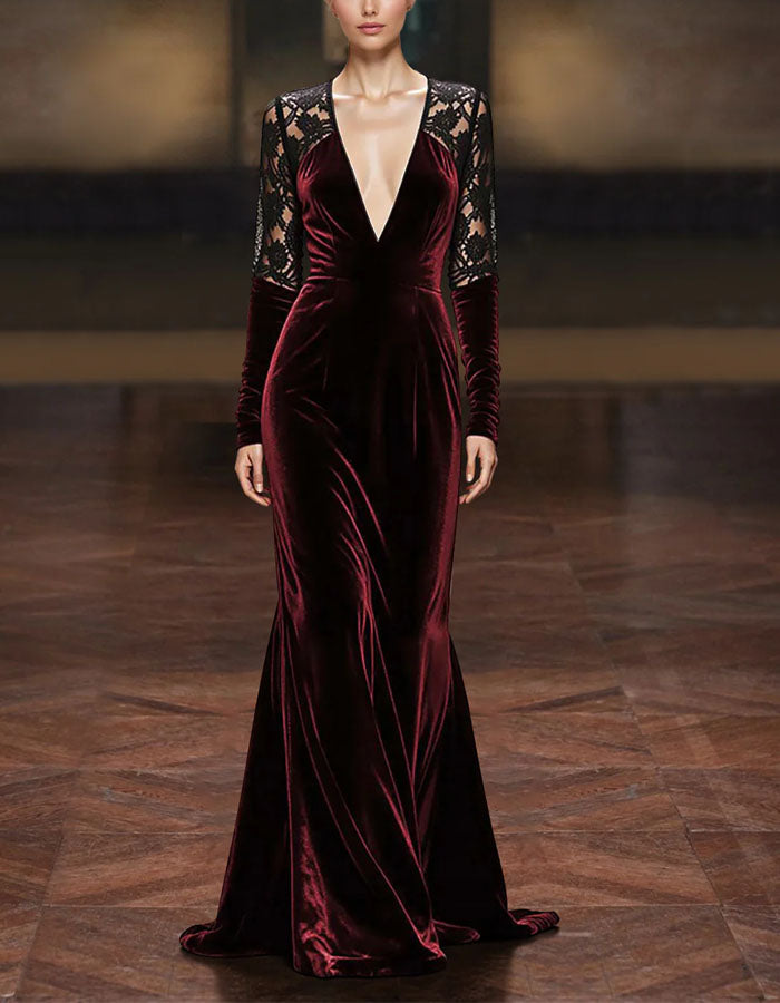 Solid Color Velvet Lace Patchwork Deep V Mermaid Maxi Dress