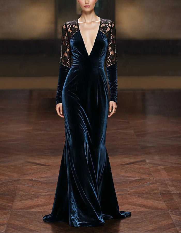 Solid Color Velvet Lace Patchwork Deep V Mermaid Maxi Dress