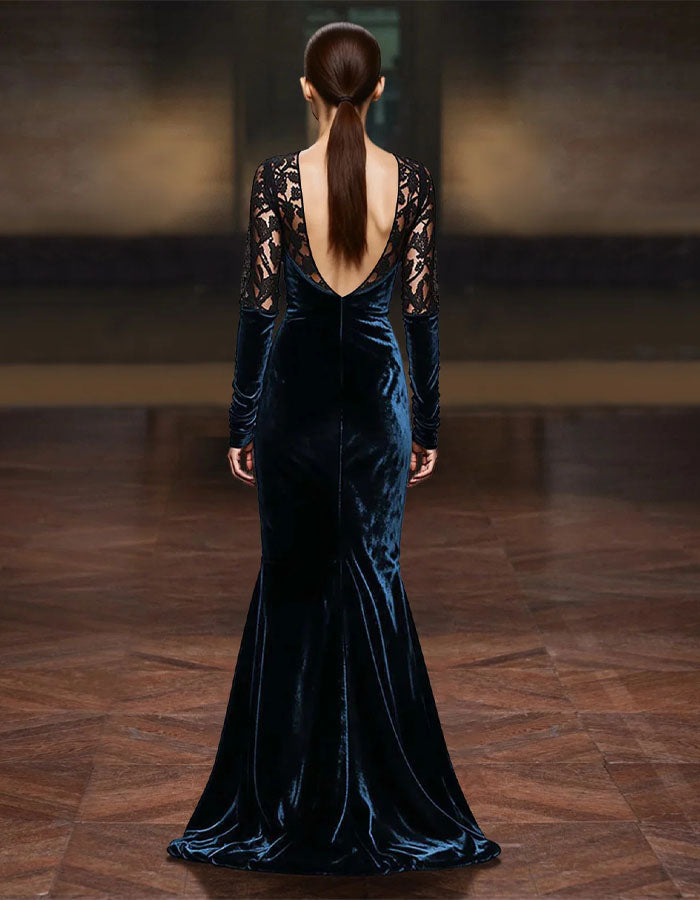 Solid Color Velvet Lace Patchwork Deep V Mermaid Maxi Dress
