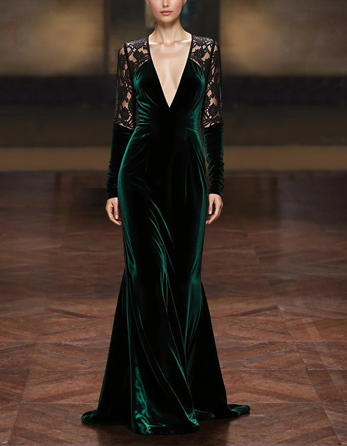 Solid Color Velvet Lace Patchwork Deep V Mermaid Maxi Dress