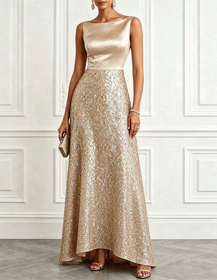 Champagne Colored Satin Sequined Sleeveless Maxi Dress