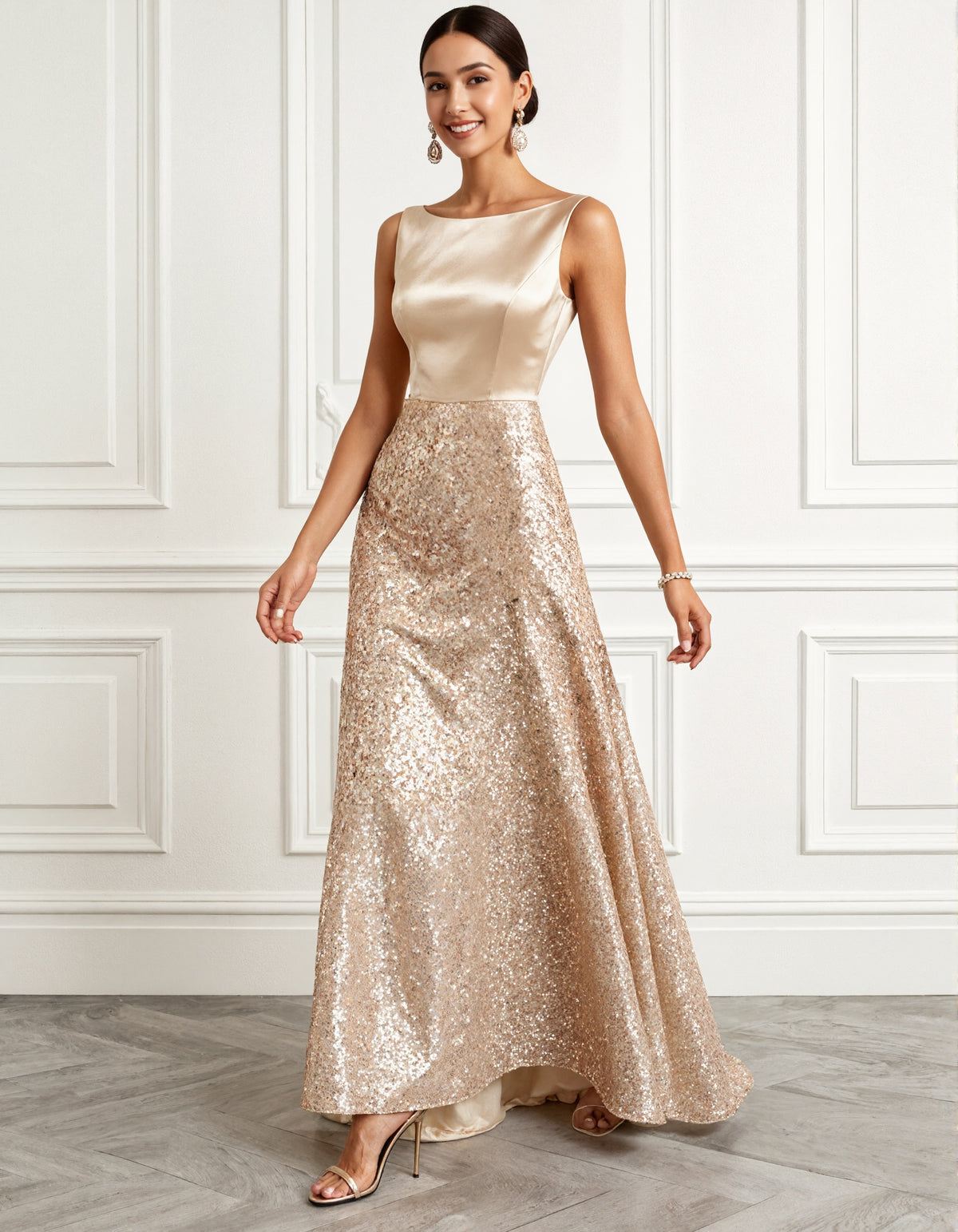 Champagne Colored Satin Sequined Sleeveless Maxi Dress