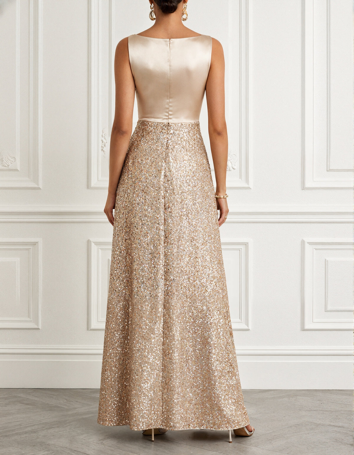 Champagne Colored Satin Sequined Sleeveless Maxi Dress