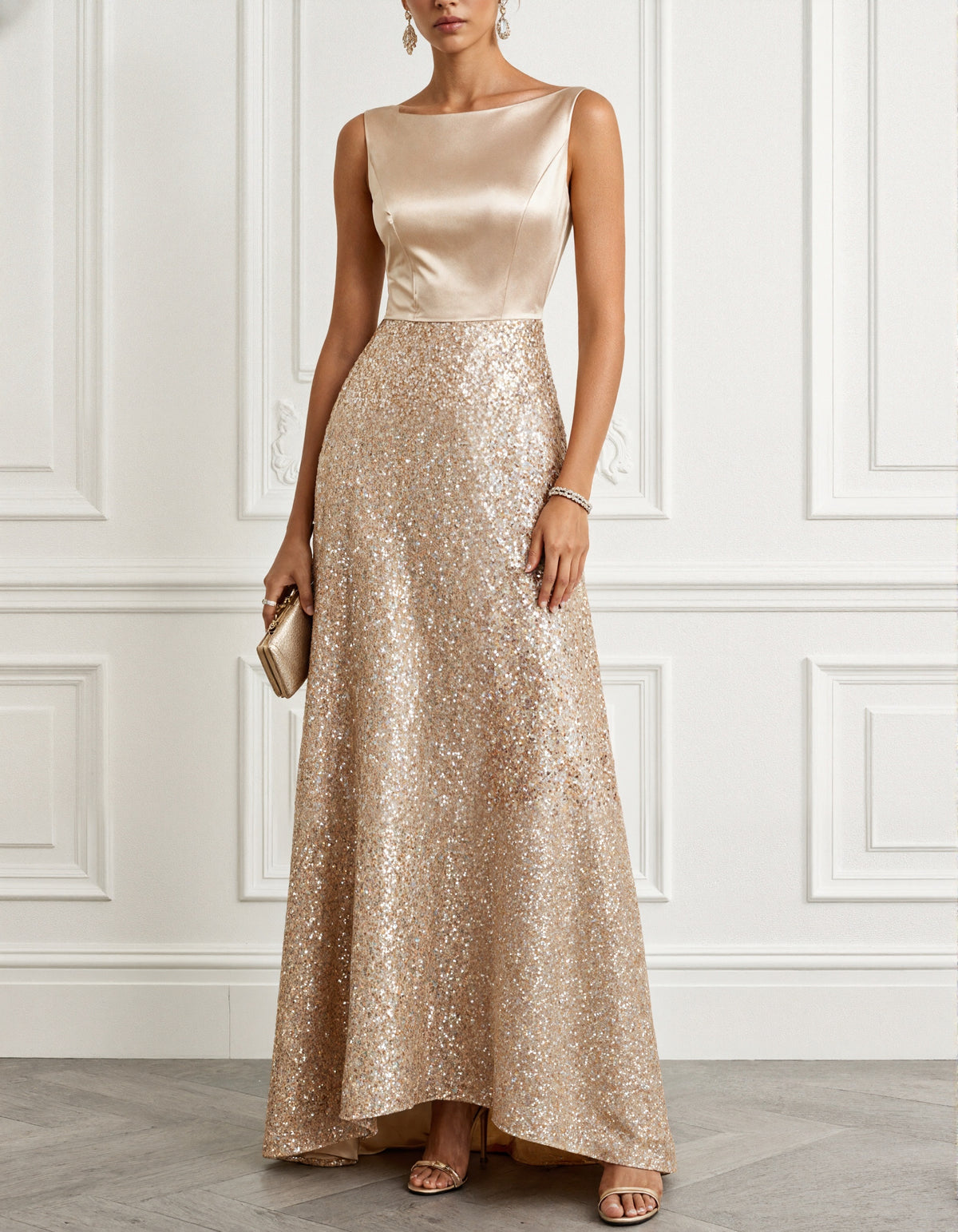 Champagne Colored Satin Sequined Sleeveless Maxi Dress