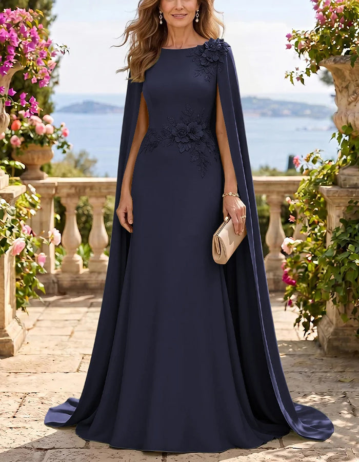 Round Neck Cape Sleeve 3D Floral Maxi Dress