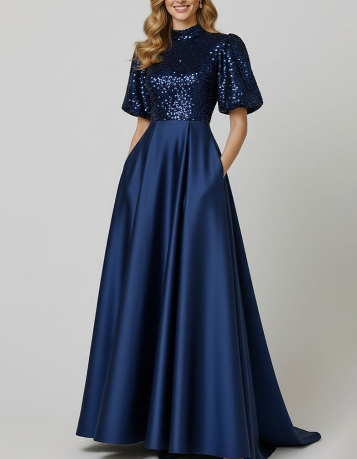 Navy Blue High‑Neck Puff Short‑Sleeve Sequin‑Bodice Satin A‑Line Maxi Dress