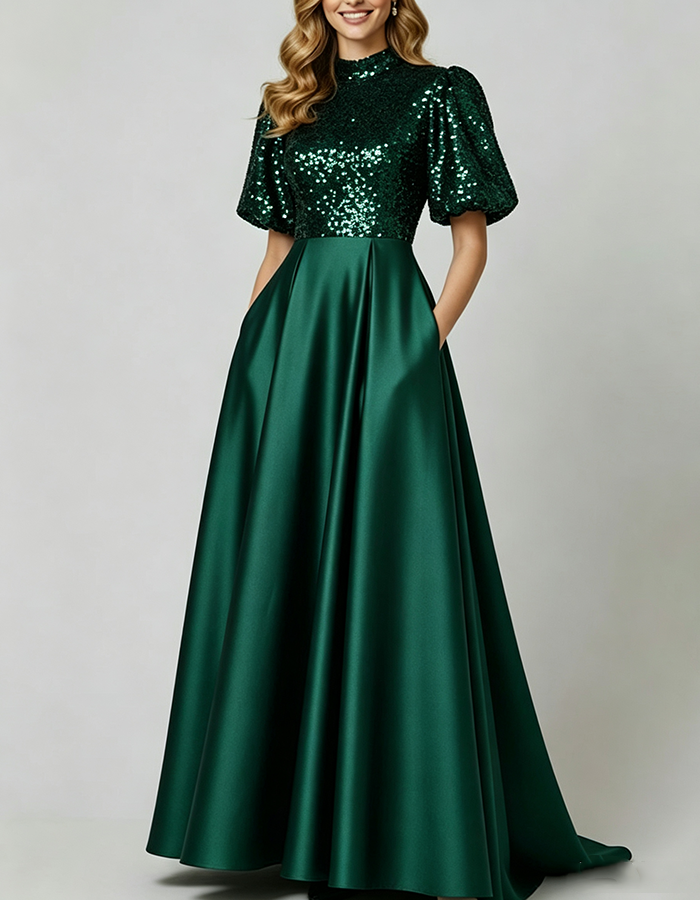 Navy Blue High‑Neck Puff Short‑Sleeve Sequin‑Bodice Satin A‑Line Maxi Dress