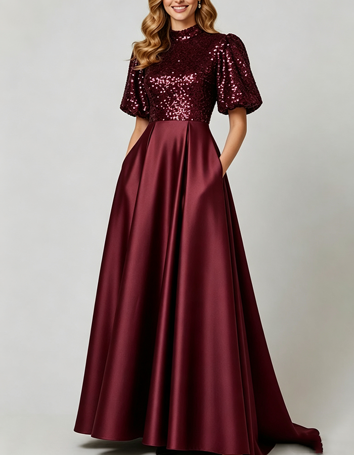 Navy Blue High‑Neck Puff Short‑Sleeve Sequin‑Bodice Satin A‑Line Maxi Dress