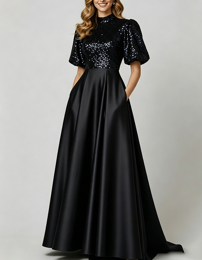 Navy Blue High‑Neck Puff Short‑Sleeve Sequin‑Bodice Satin A‑Line Maxi Dress