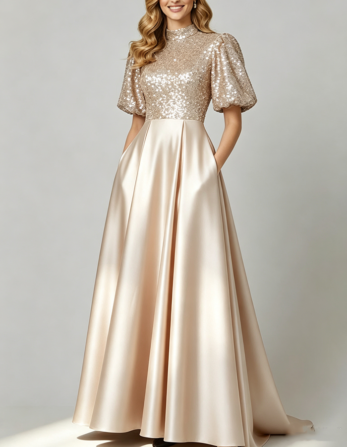 Navy Blue High‑Neck Puff Short‑Sleeve Sequin‑Bodice Satin A‑Line Maxi Dress