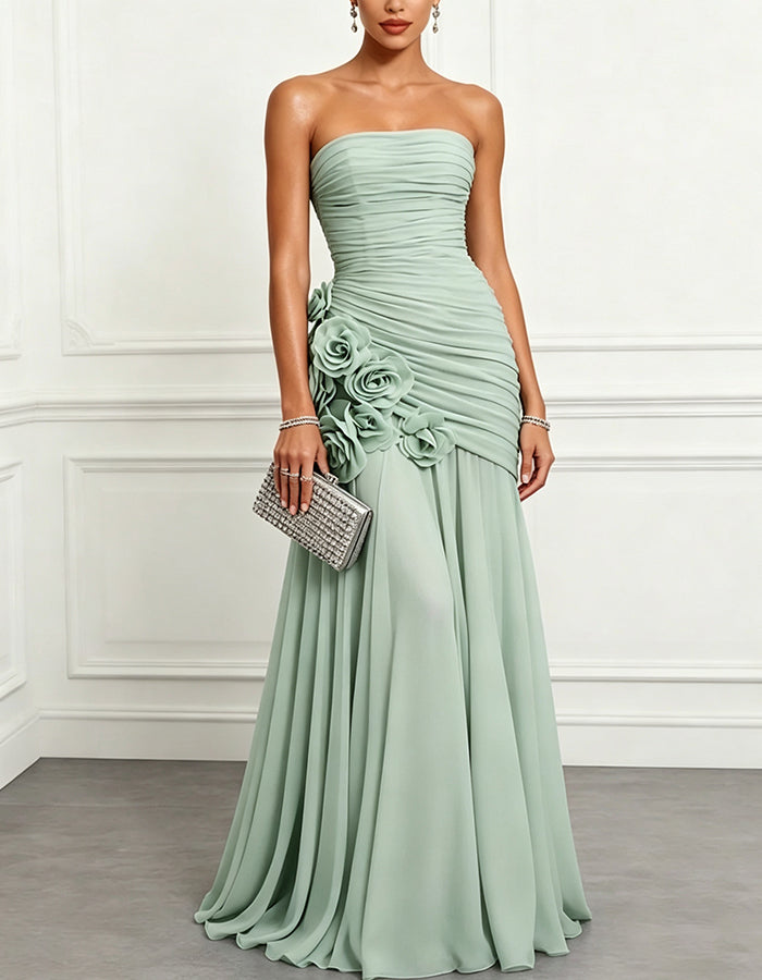 Dusty Blue Chiffon Strapless Floral Applique Maxi Dress