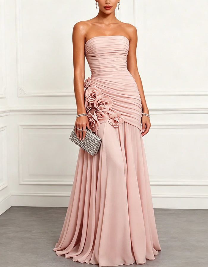 Dusty Blue Chiffon Strapless Floral Applique Maxi Dress