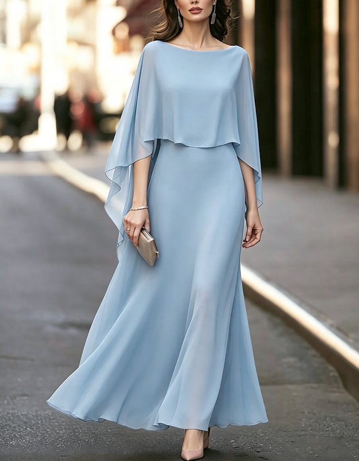Boat Neck Cape Sleeve Chiffon Flowy Long Maxi Dress