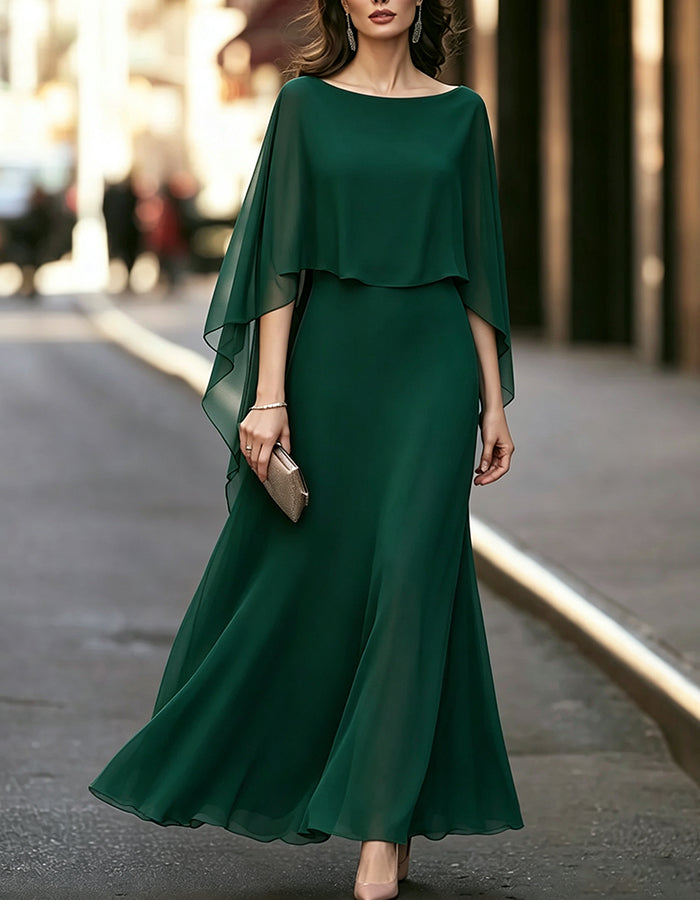 Boat Neck Cape Sleeve Chiffon Flowy Long Maxi Dress