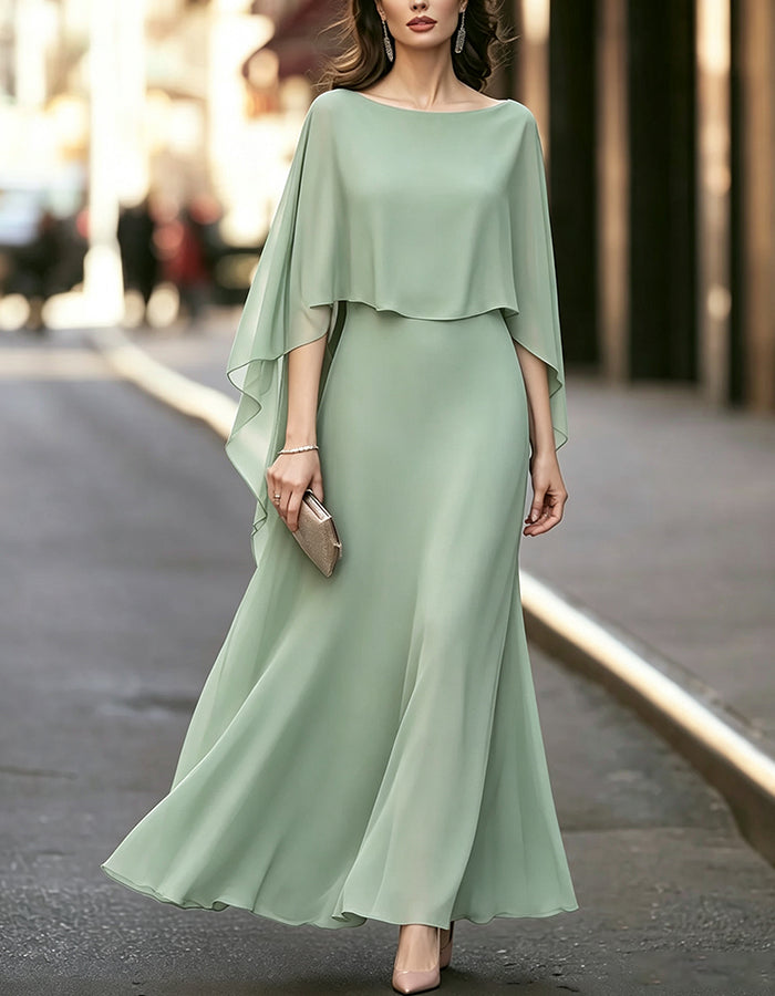 Boat Neck Cape Sleeve Chiffon Flowy Long Maxi Dress