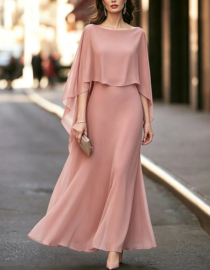 Boat Neck Cape Sleeve Chiffon Flowy Long Maxi Dress