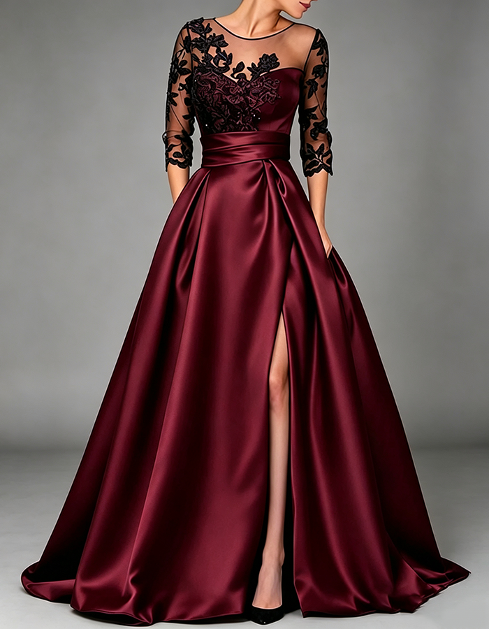 Navy Blue Illusion Round‑Neck Three‑Quarter Lace Sleeve Satin A‑Line Maxi Dress