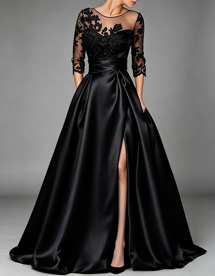Navy Blue Illusion Round‑Neck Three‑Quarter Lace Sleeve Satin A‑Line Maxi Dress