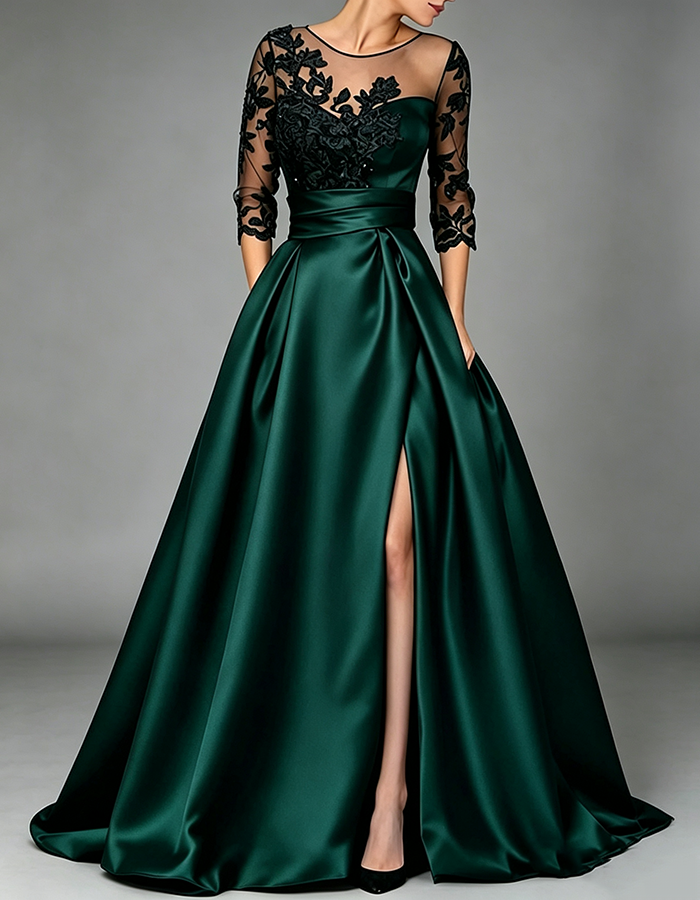 Navy Blue Illusion Round‑Neck Three‑Quarter Lace Sleeve Satin A‑Line Maxi Dress
