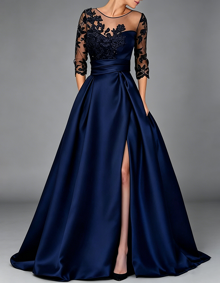 Navy Blue Illusion Round‑Neck Three‑Quarter Lace Sleeve Satin A‑Line Maxi Dress