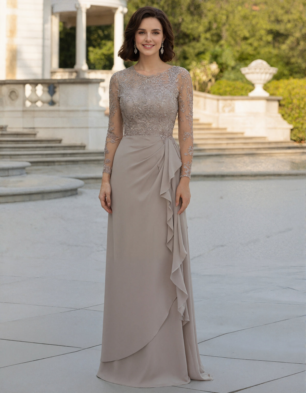 Gray Brown Lace Sequined Long Sleeved Chiffon Maxi Dress