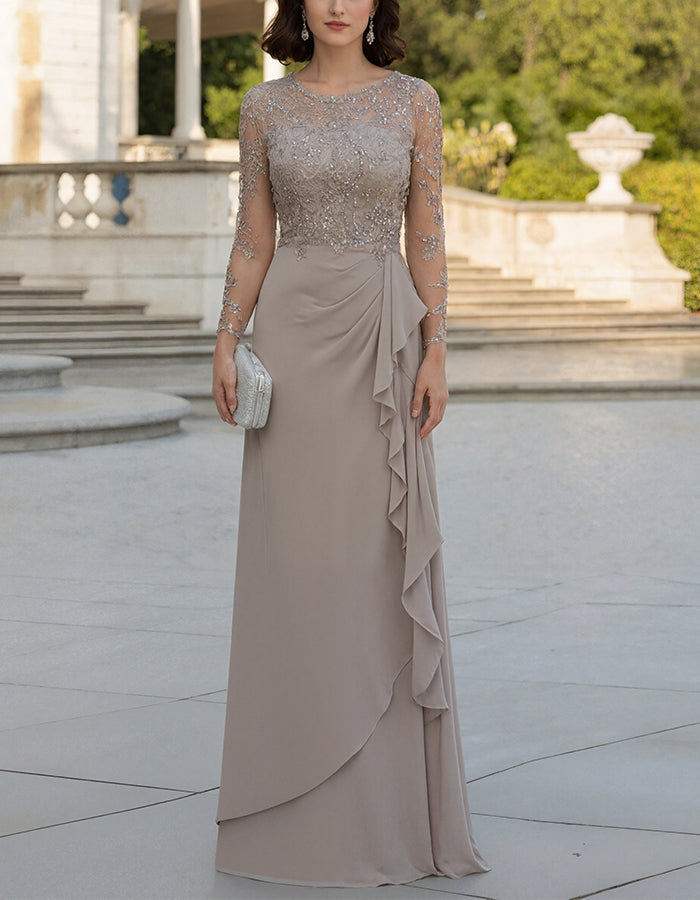 Gray Brown Lace Sequined Long Sleeved Chiffon Maxi Dress