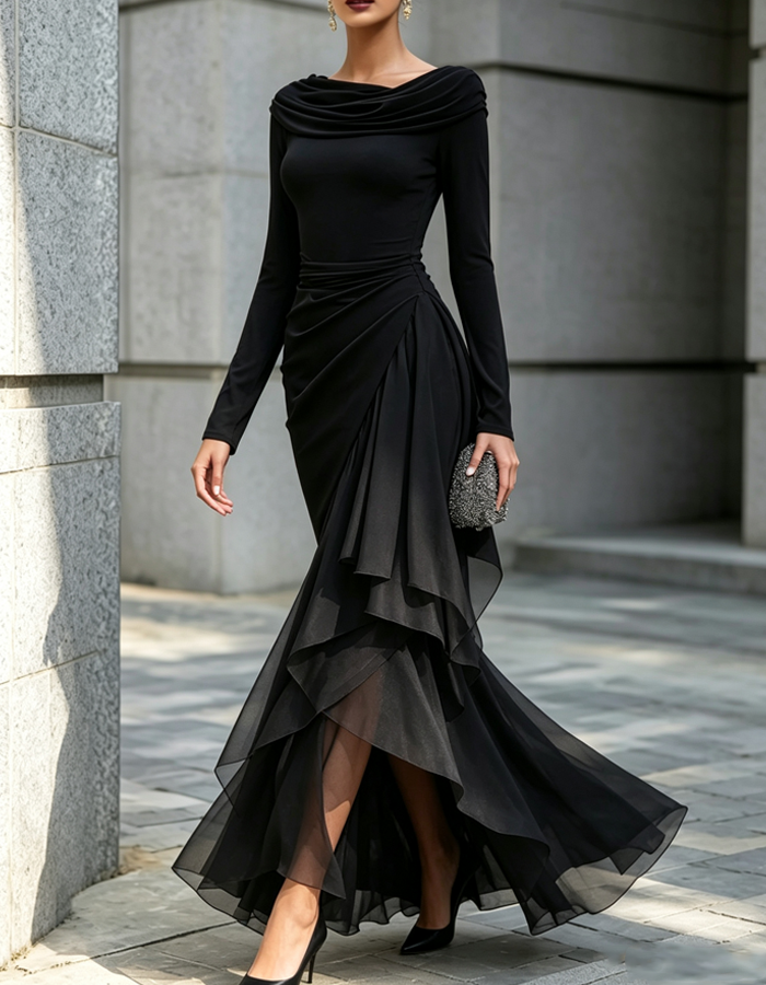 Black Draped Long-sleeved Draped-waist Chiffon Maxi Dress