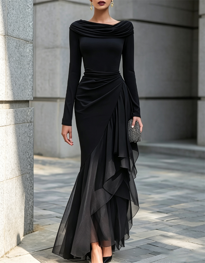 Black Draped Long-sleeved Draped-waist Chiffon Maxi Dress