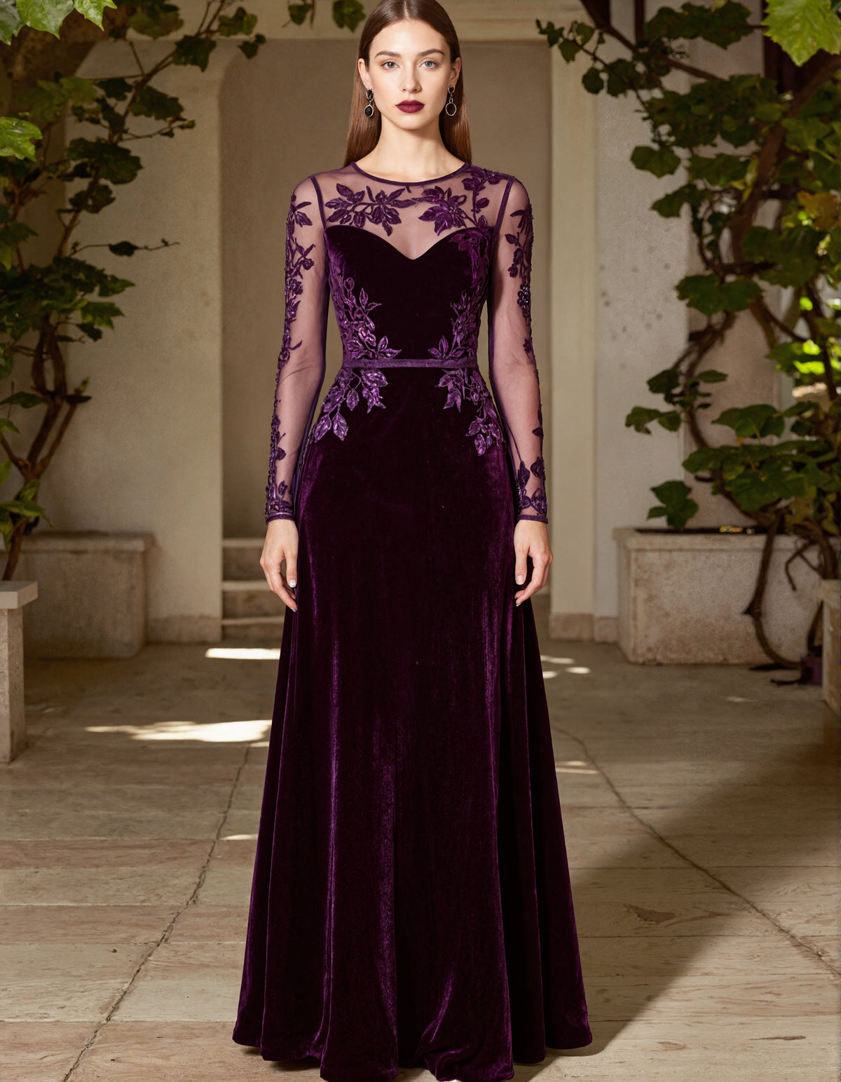 Purple Velvet Tulle Long Sleeved Lace Maxi Dress