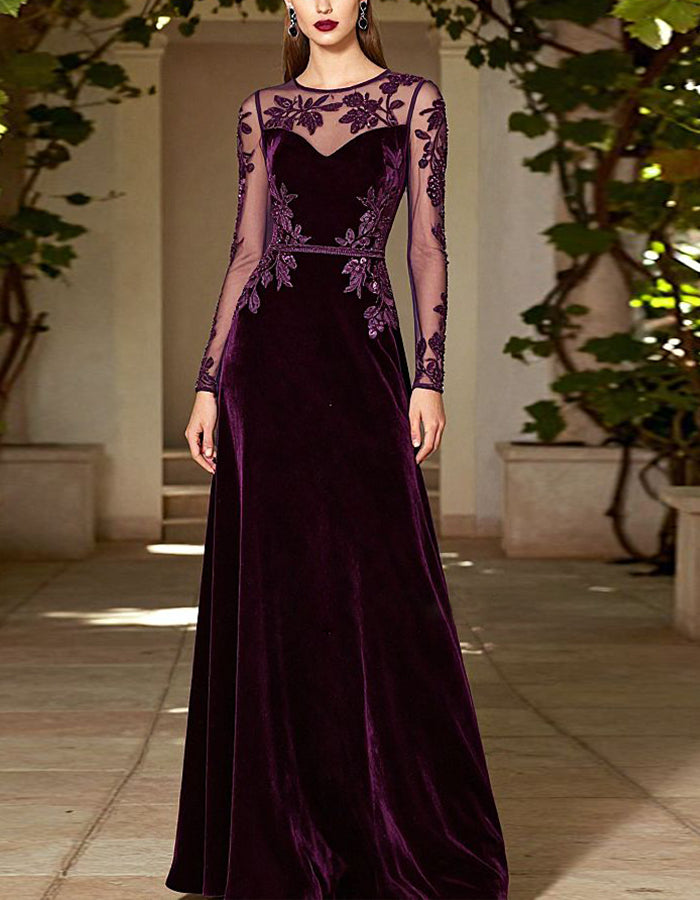 Purple Velvet Tulle Long Sleeved Lace Maxi Dress