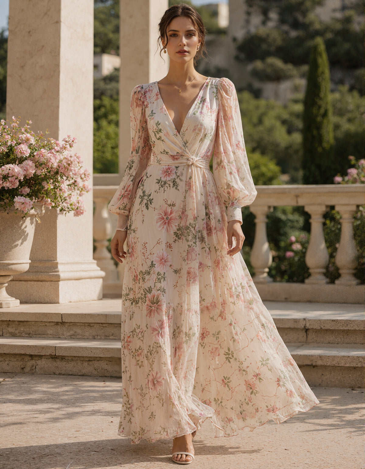 Apricot Floral Print Pleated Chiffon Deep V Maxi Dress