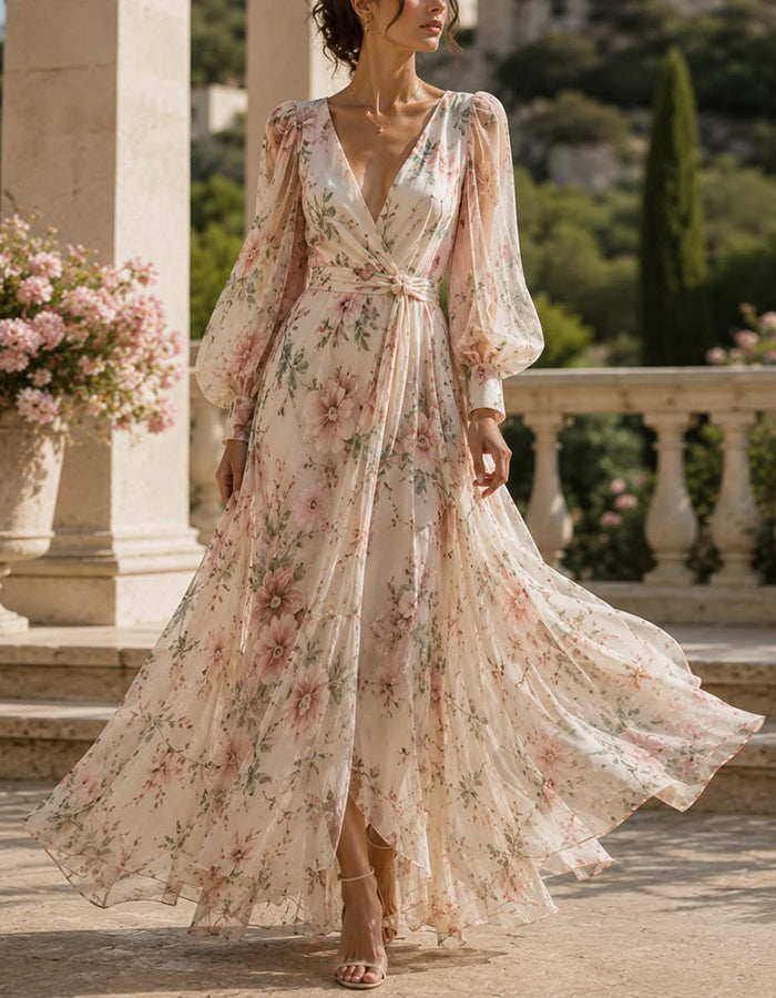 Apricot Floral Print Pleated Chiffon Deep V Maxi Dress