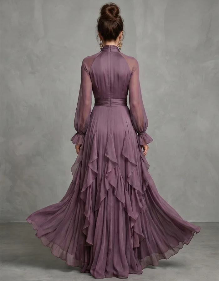 Pale Purple Tie-neck Long-sleeved Ruffled Chiffon A-line Floor-length Maxi Dress