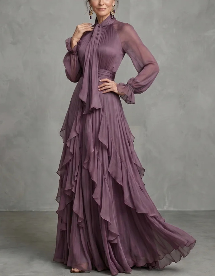Pale Purple Tie-neck Long-sleeved Ruffled Chiffon A-line Floor-length Maxi Dress
