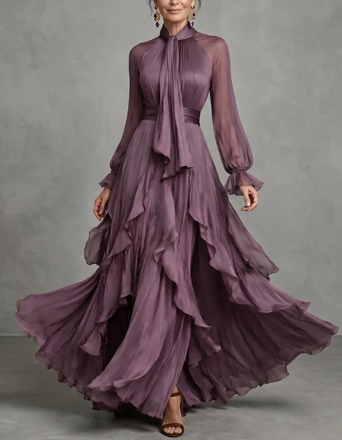 Pale Purple Tie-neck Long-sleeved Ruffled Chiffon A-line Floor-length Maxi Dress