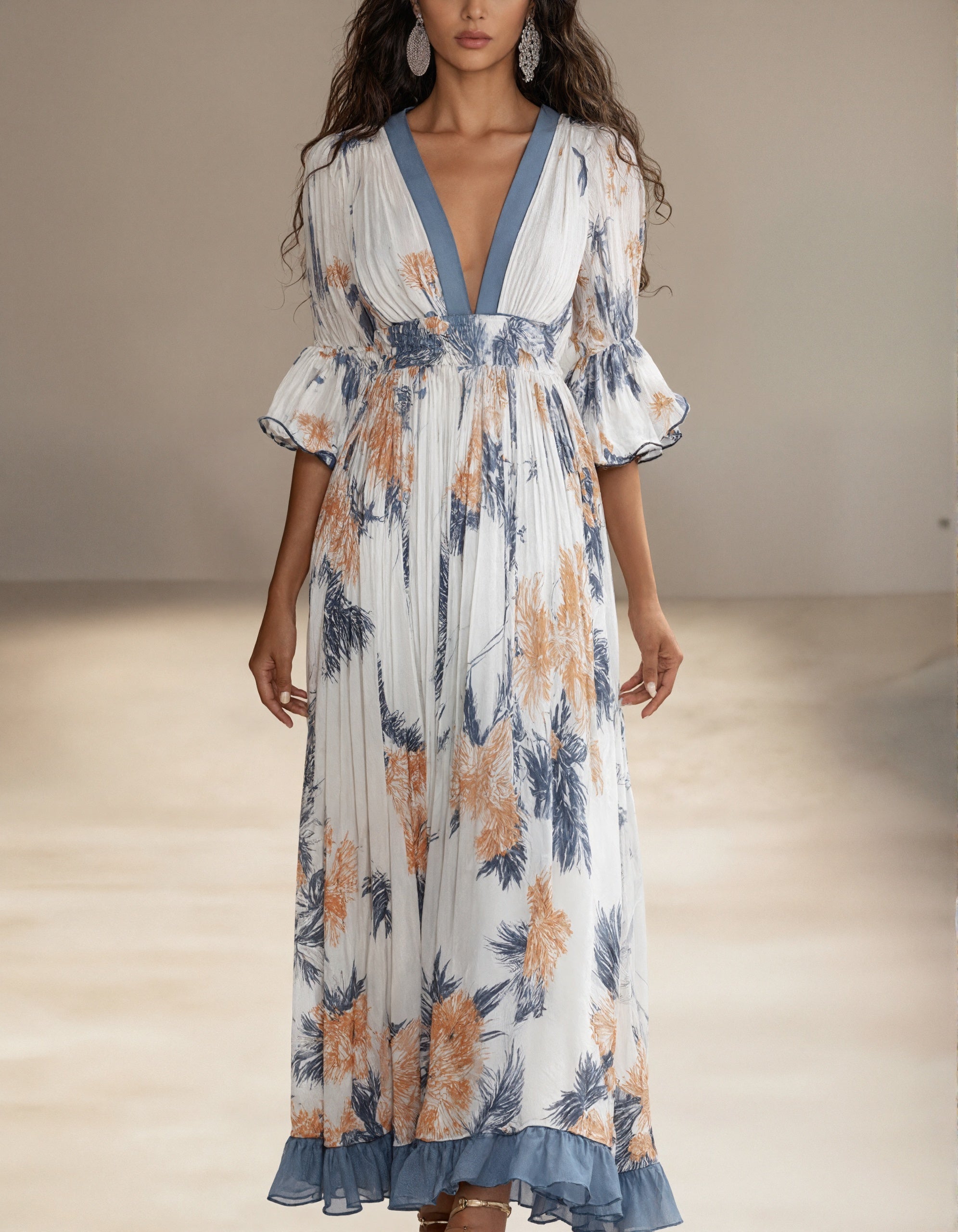 White Background With Blue And Orange Tropical Floral Print Maxi Dress